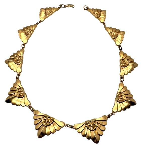 Brass Art Nouveau Revival Link Necklace Mid-Century Vintage 1970s Design 15" - Picture 1 of 8